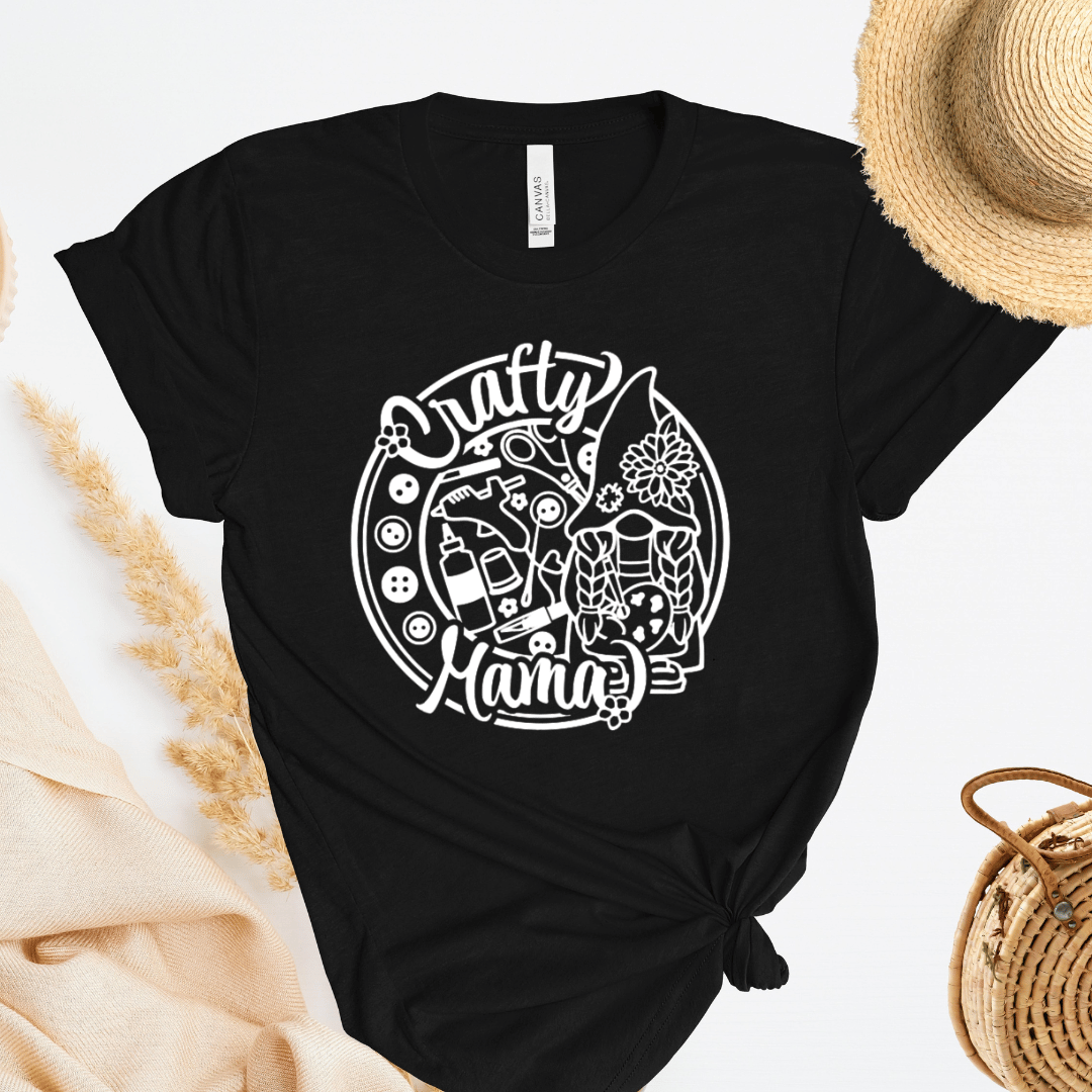 Black t-shirt with 'Crafty Mama' design on a light background