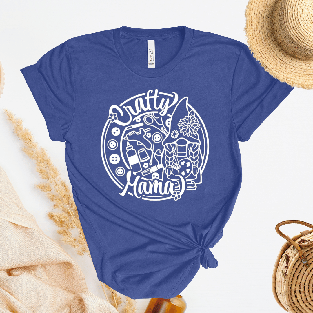 Blue t-shirt with 'Crafty Mama' design on a white background