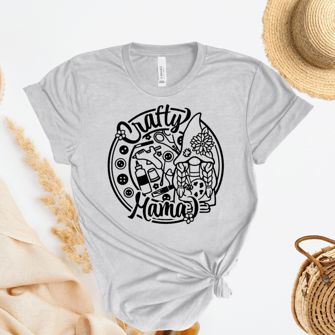 Gray t-shirt with 'Crafty Mama' design on a white background