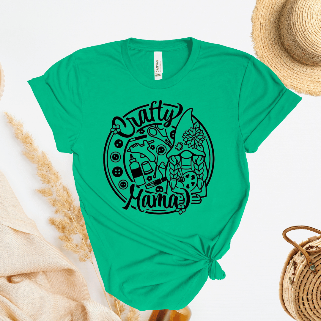 Green t-shirt with 'Crafty Mama' design on a white background