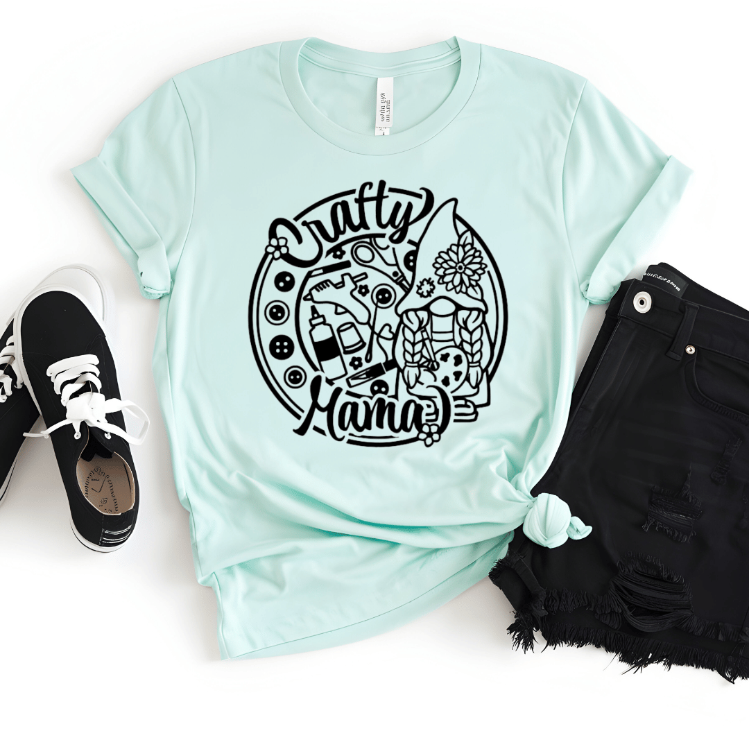 Mint green t-shirt with 'Crafty Mama' design on a white background