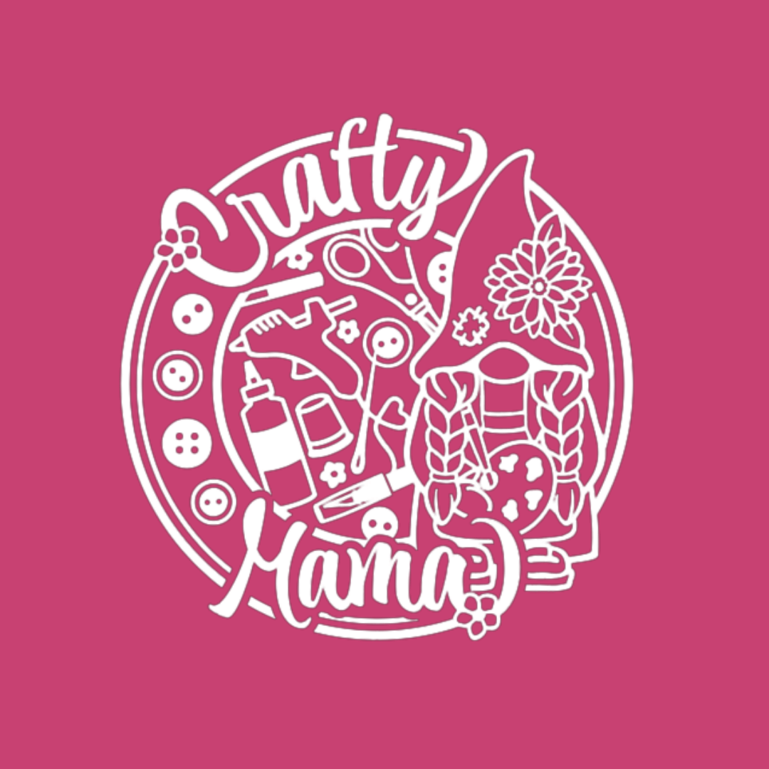 Logo with 'Crafty Mama' text and various crafting tools on a pink background
