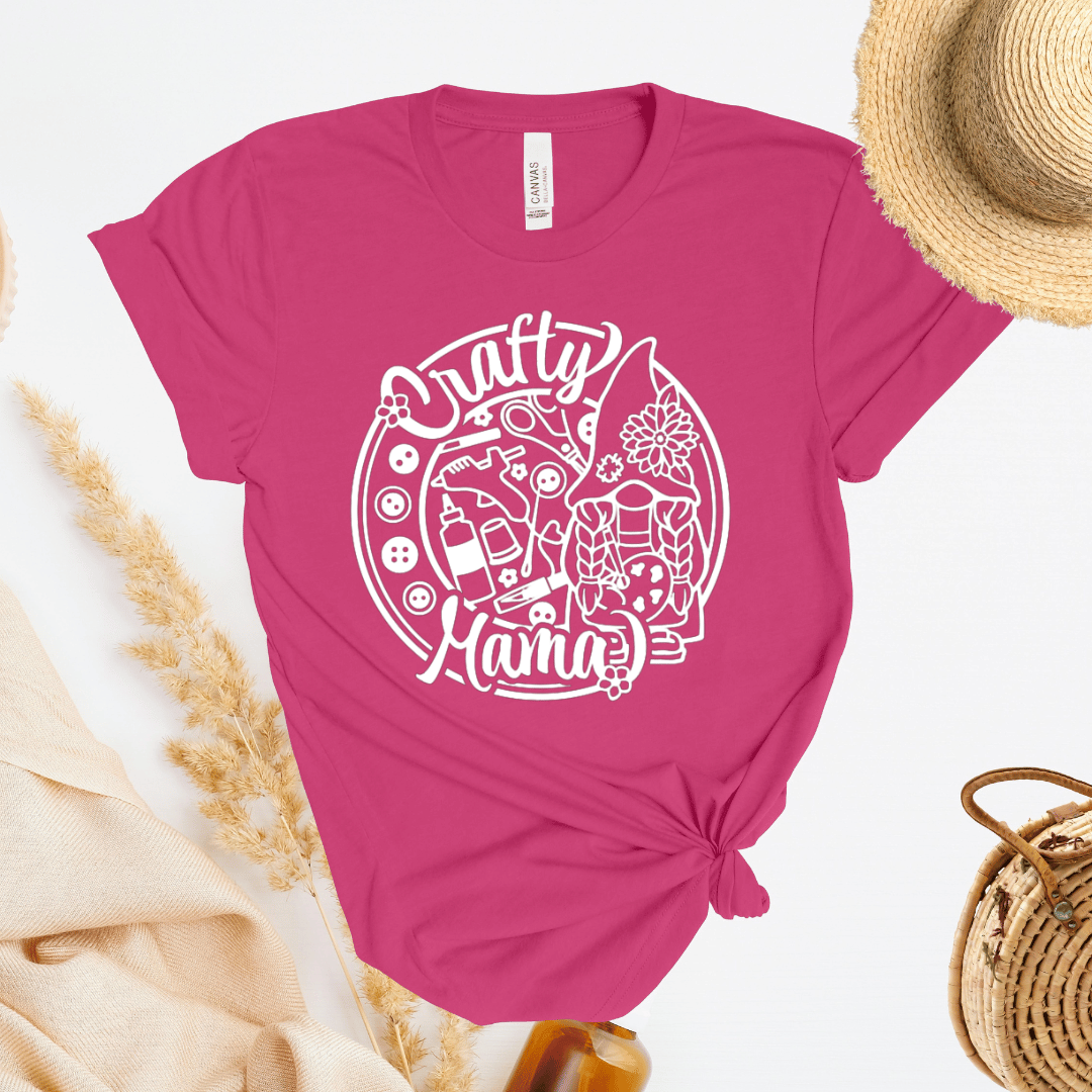 Pink t-shirt with 'Crafty Mama' design on a white background