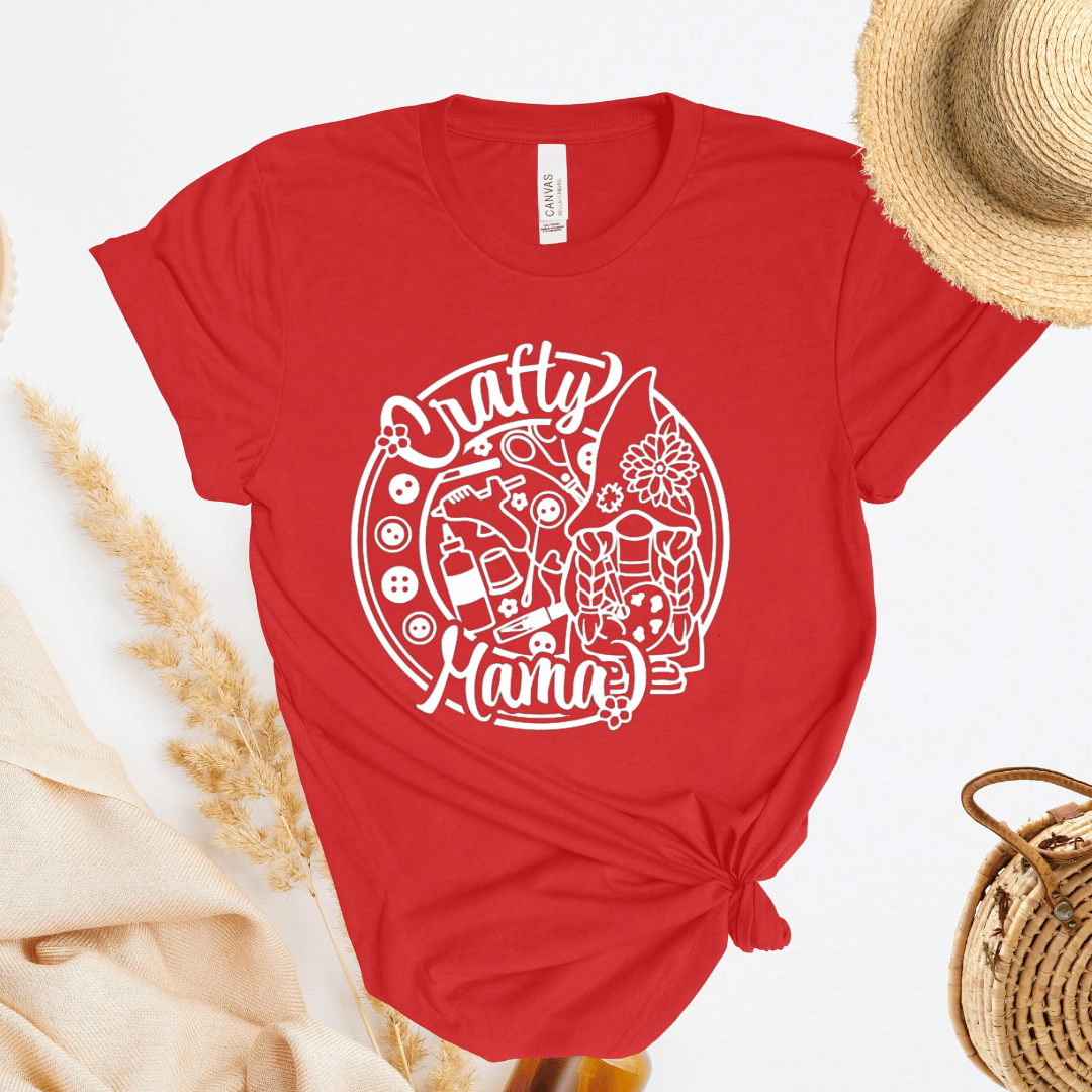 Red t-shirt with 'Crafty Mama' design on a white background