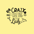 Text 'Crazy Crafting Lady' with crafting icons on a yellow background