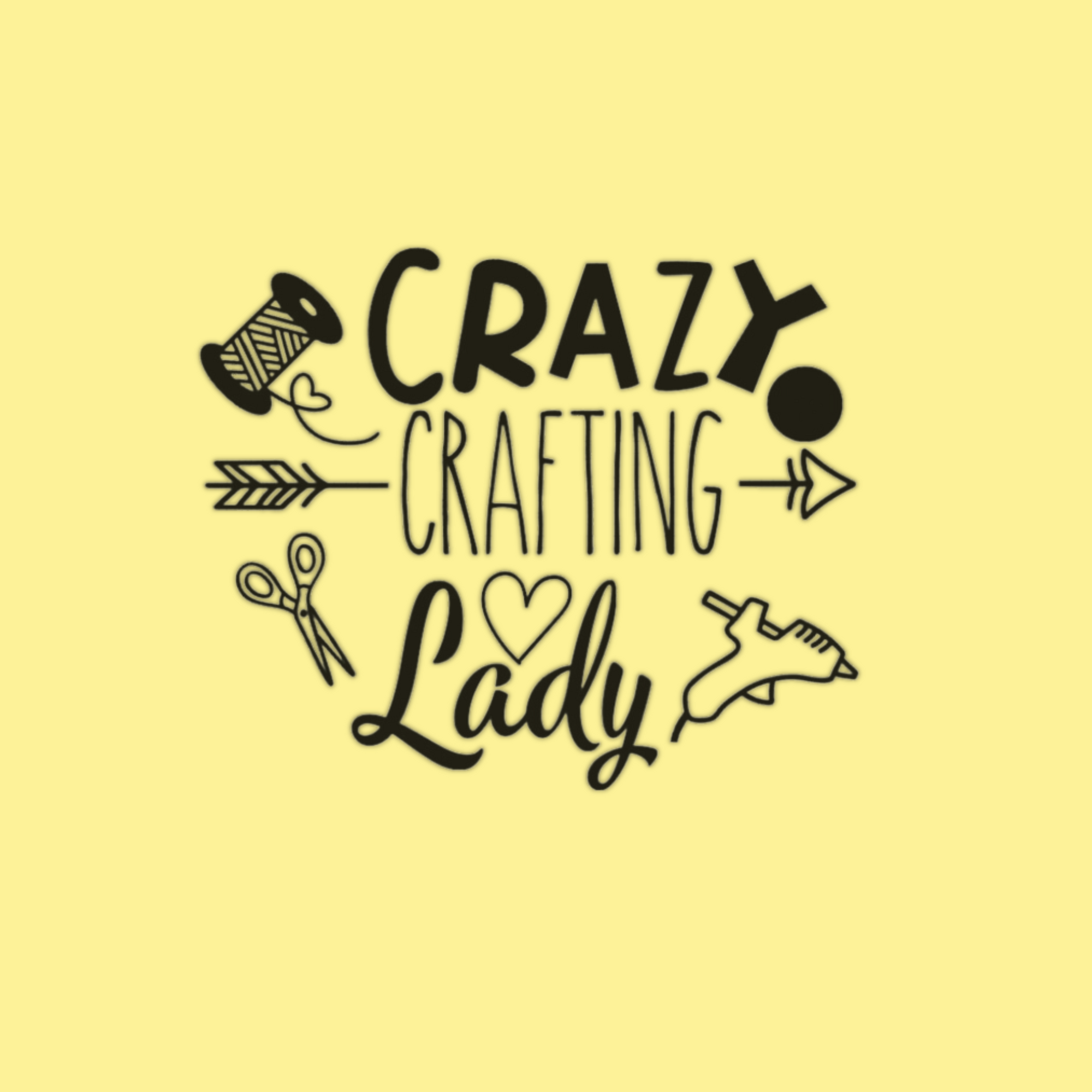 Text 'Crazy Crafting Lady' with crafting icons on a yellow background