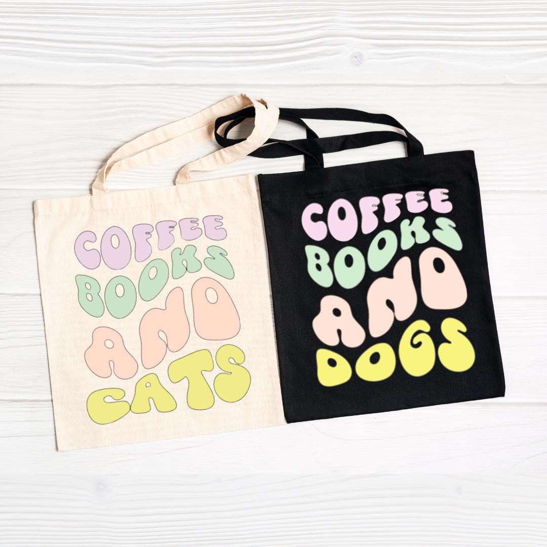 Coffee, Books & Dogs/Cats Tote Bag: Cute Canvas Tote for Book Lovers & Pet Parents – Perfect Gift
