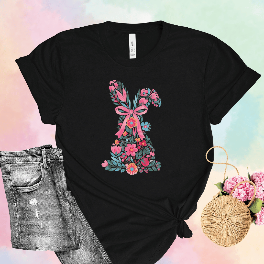 Floral Easter bunny t-shirt in black with colorful wildflower bunny design