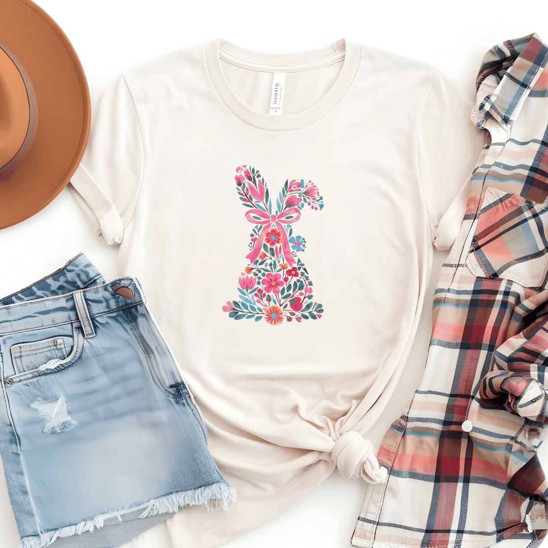 Floral Easter bunny t-shirt in cream styled with denim shorts, plaid flannel & brown hat