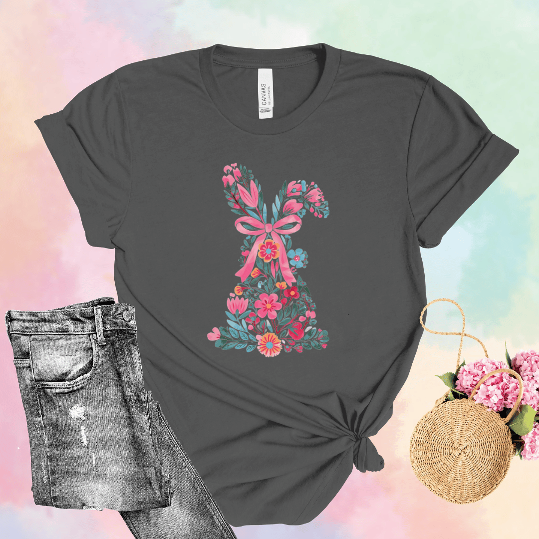 Floral Easter bunny t-shirt in gray with colorful floral bunny design
