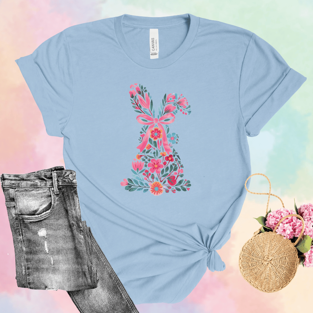 Floral Easter bunny t-shirt in light blue with wildflower bunny & pink bow