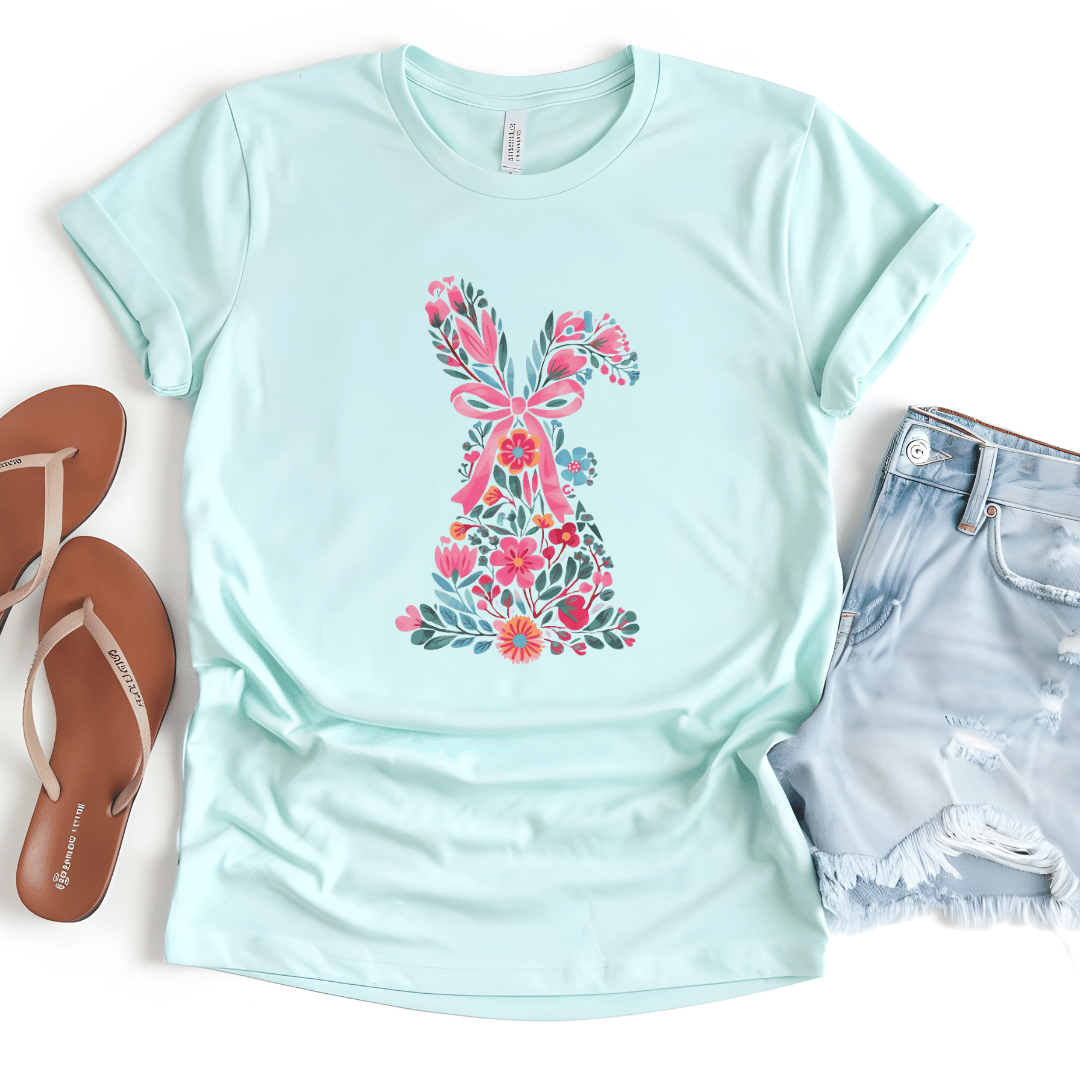 Floral Easter bunny t-shirt in mint styled with flip flops & denim shorts
