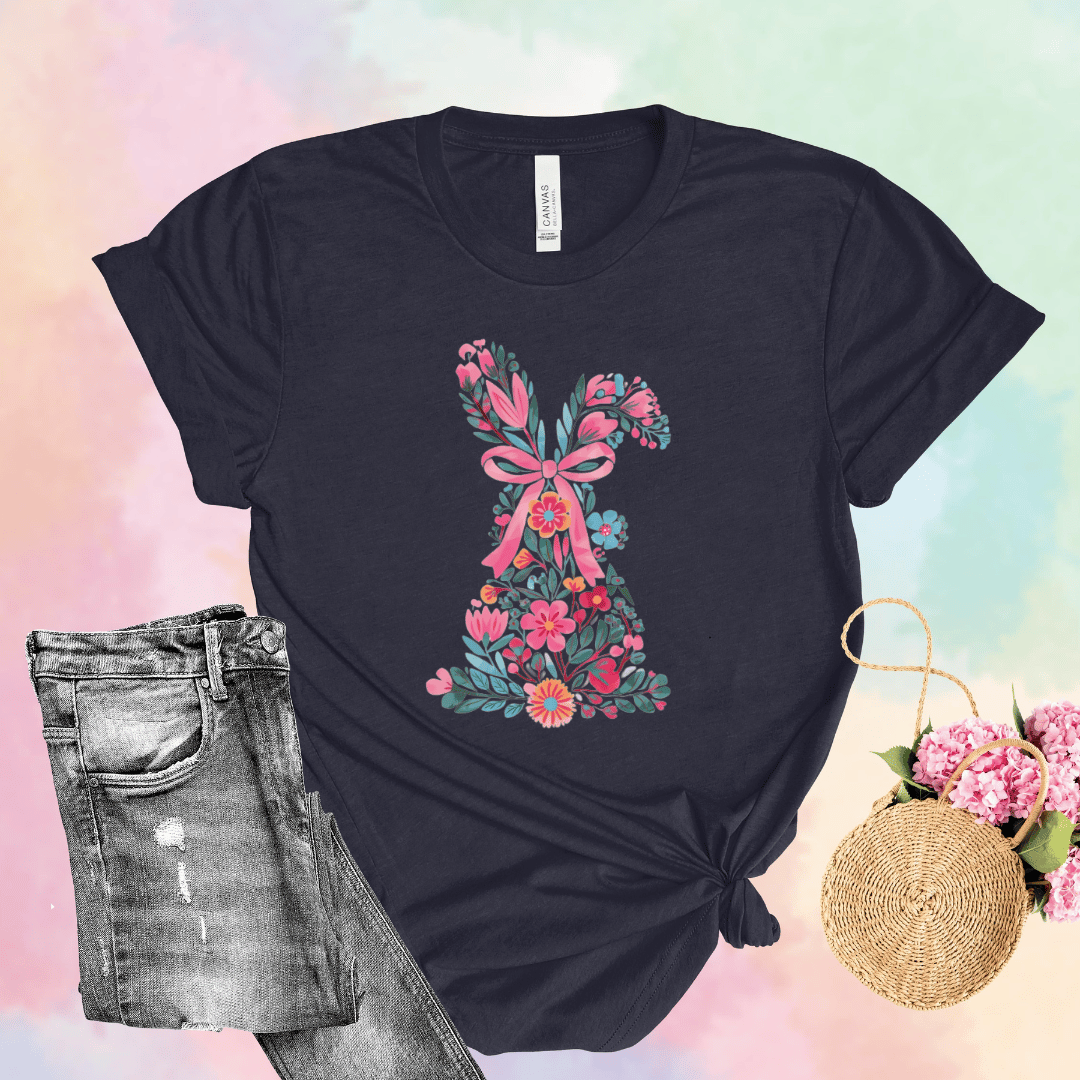 Floral Easter bunny t-shirt in navy with vibrant floral bunny silhouette & bow