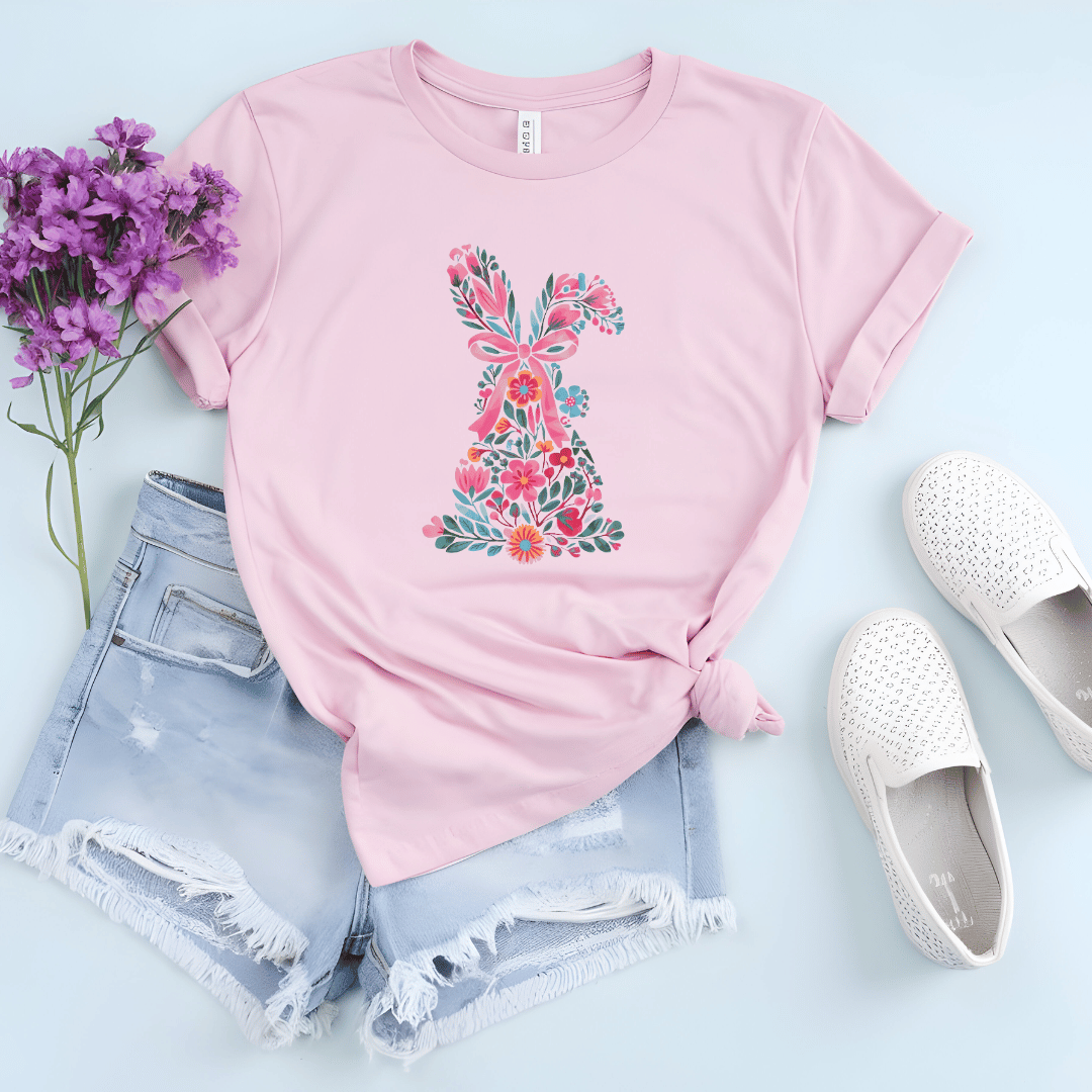 Floral Easter bunny t-shirt in pink styled with denim shorts & white slip-ons
