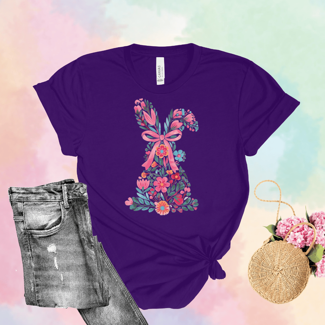 Floral Easter bunny t-shirt in purple with pink bow bunny design