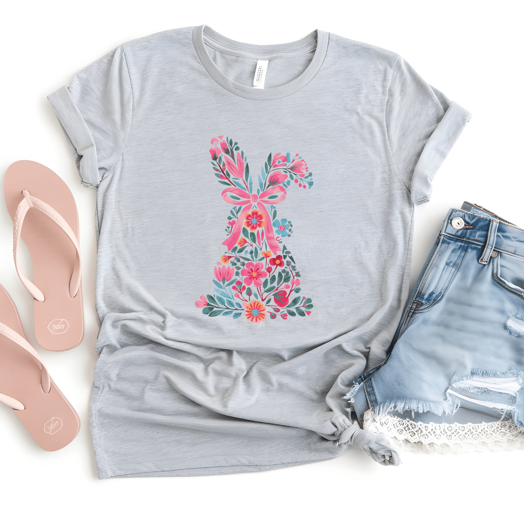 Floral Easter bunny t-shirt in silver styled with pink flip flops & denim shorts