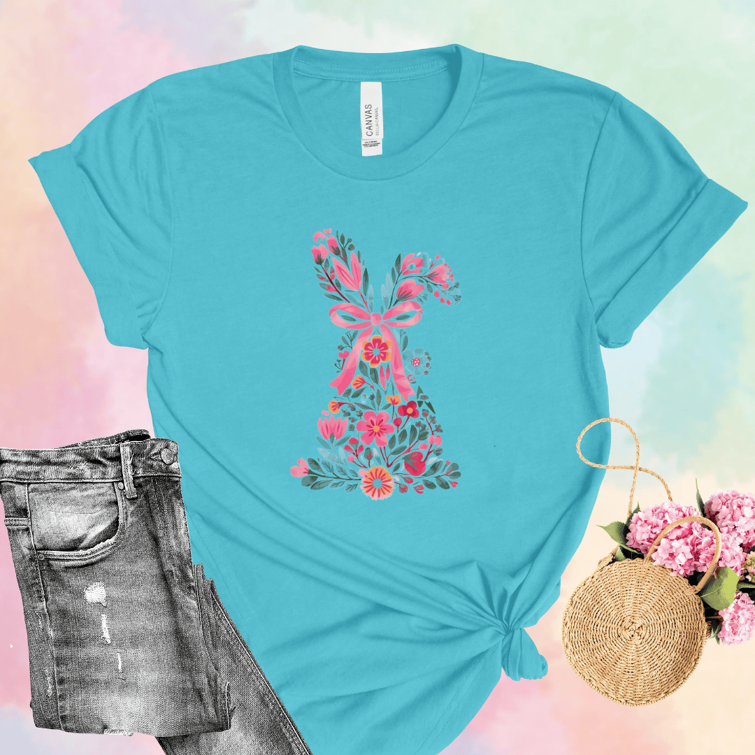 Floral Easter bunny t-shirt in turquoise with vibrant wildflower bunny silhouette