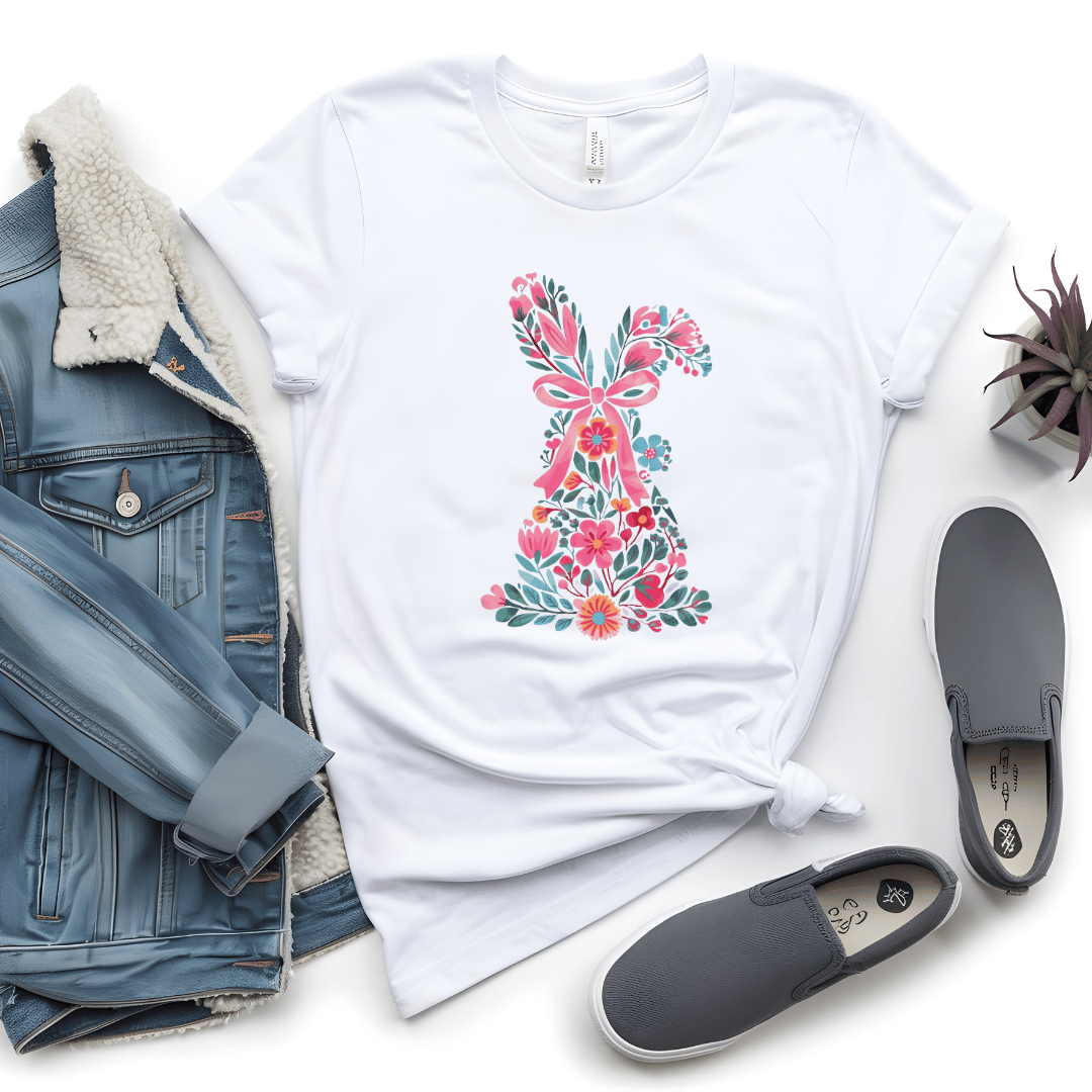 Floral Easter bunny t-shirt in white styled with sherpa denim jacket & gray slip-ons