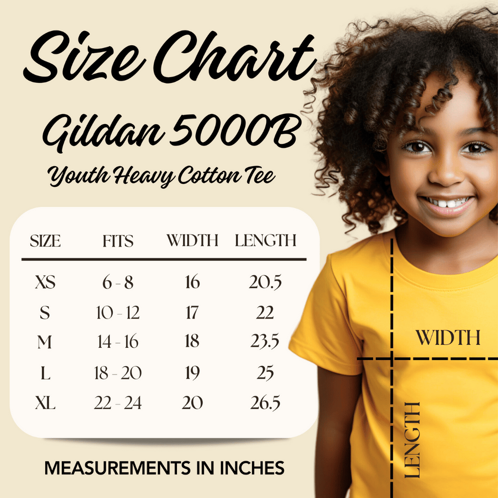 Size chart for Gildan 5000B Youth Heavy Cotton Tee with a child wearing a yellow shirt.