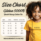Size chart for Gildan 5000B Youth Heavy Cotton Tee with a child wearing a yellow shirt.