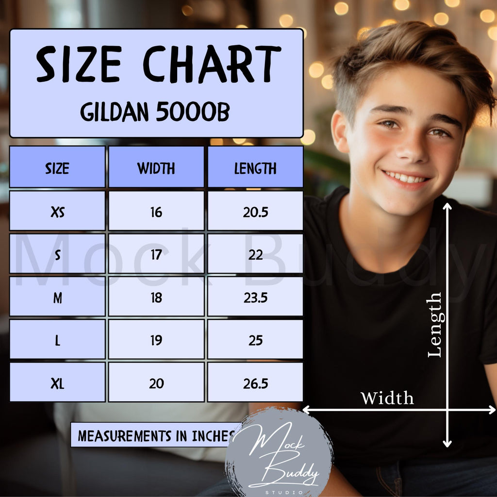 Gildan 5000B Youth Tee Size Chart