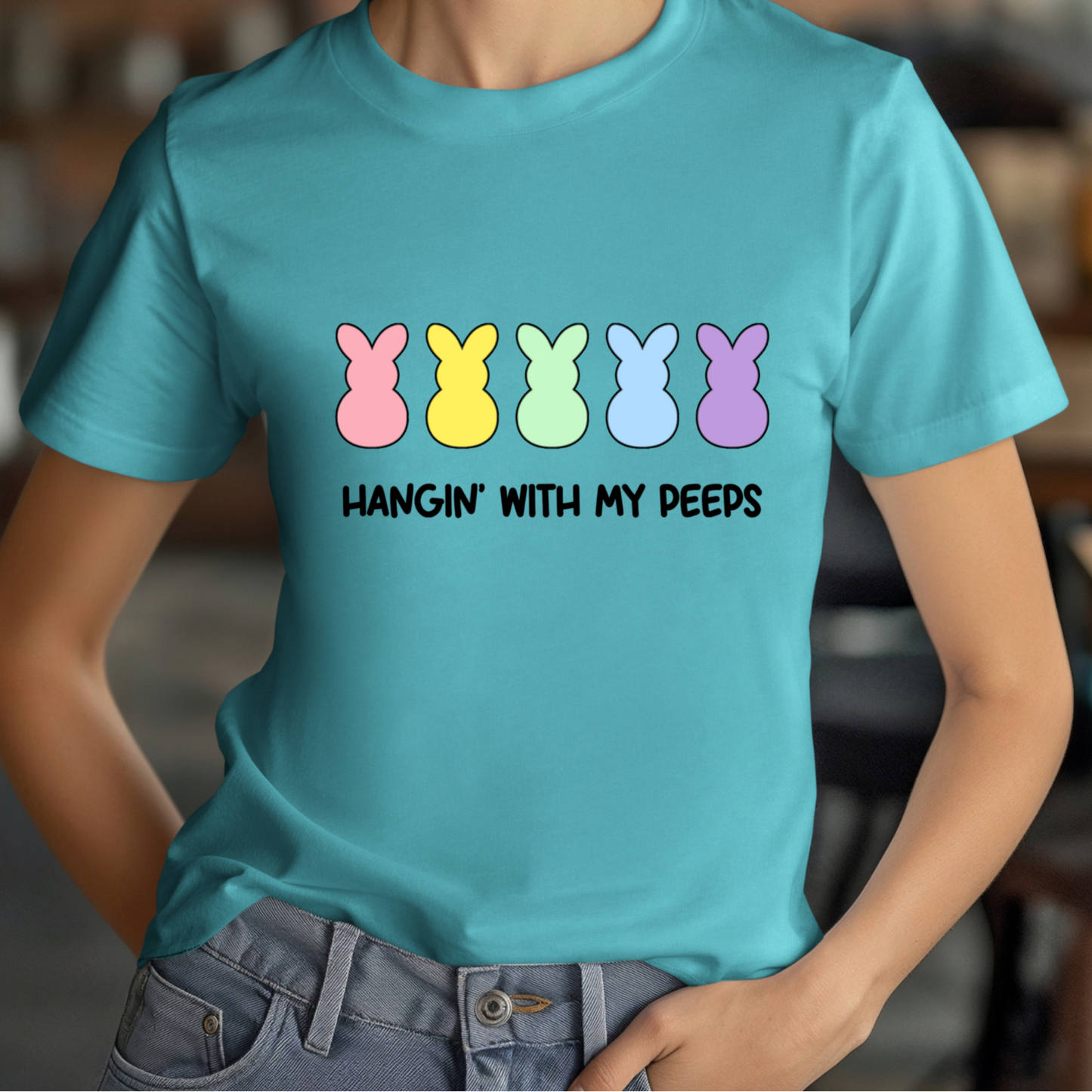Hangin' With My Peeps text with peeps candy characters in pastels above