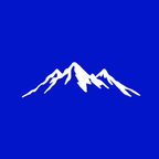 A white minimalist mountain silhouette centered on a solid blue background.