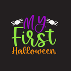 "My First Halloween" design in purple, green, and orange lettering on a black background