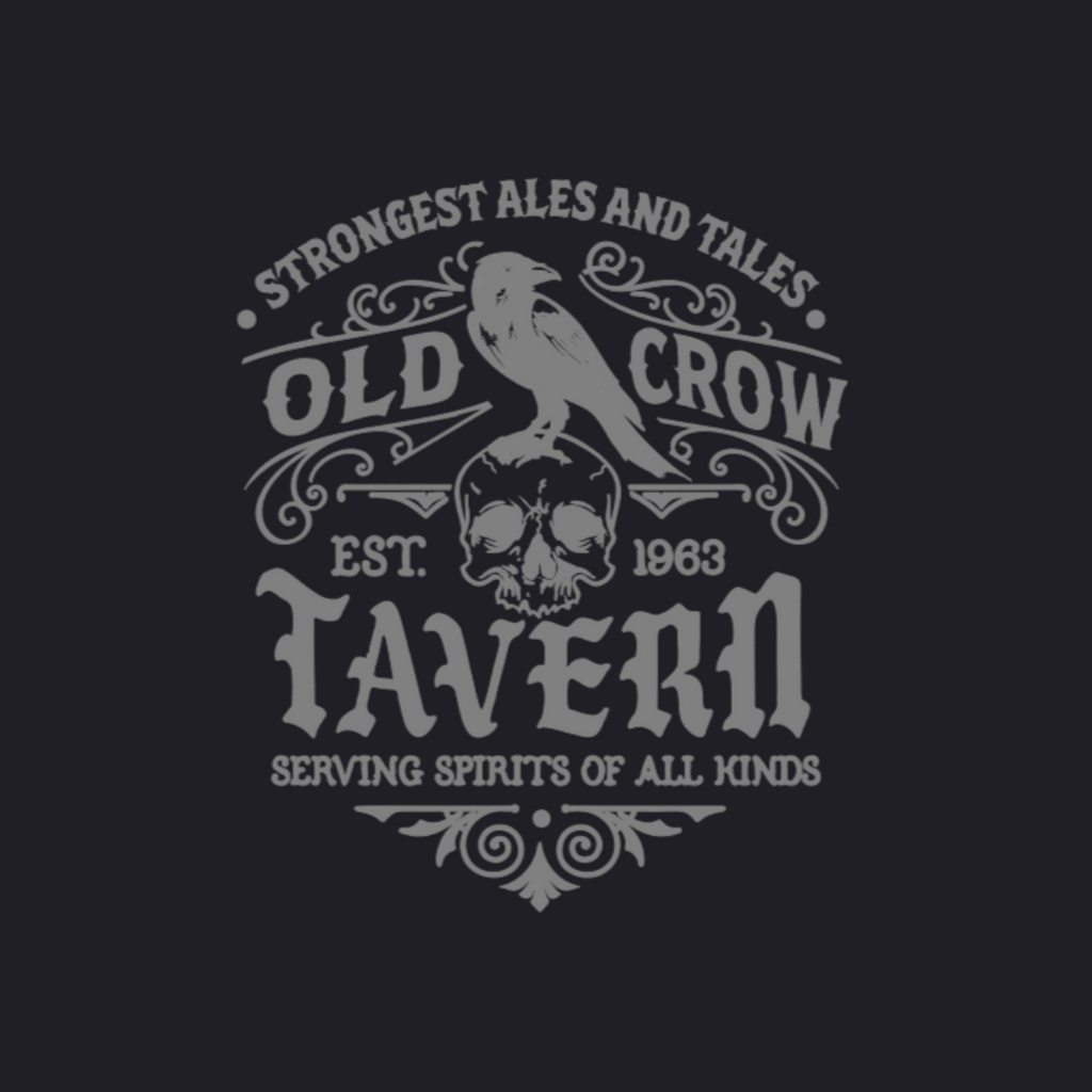 Vintage-style logo for Old Crow Tavern with a skull, strongest ales and tales, and crow on a black background