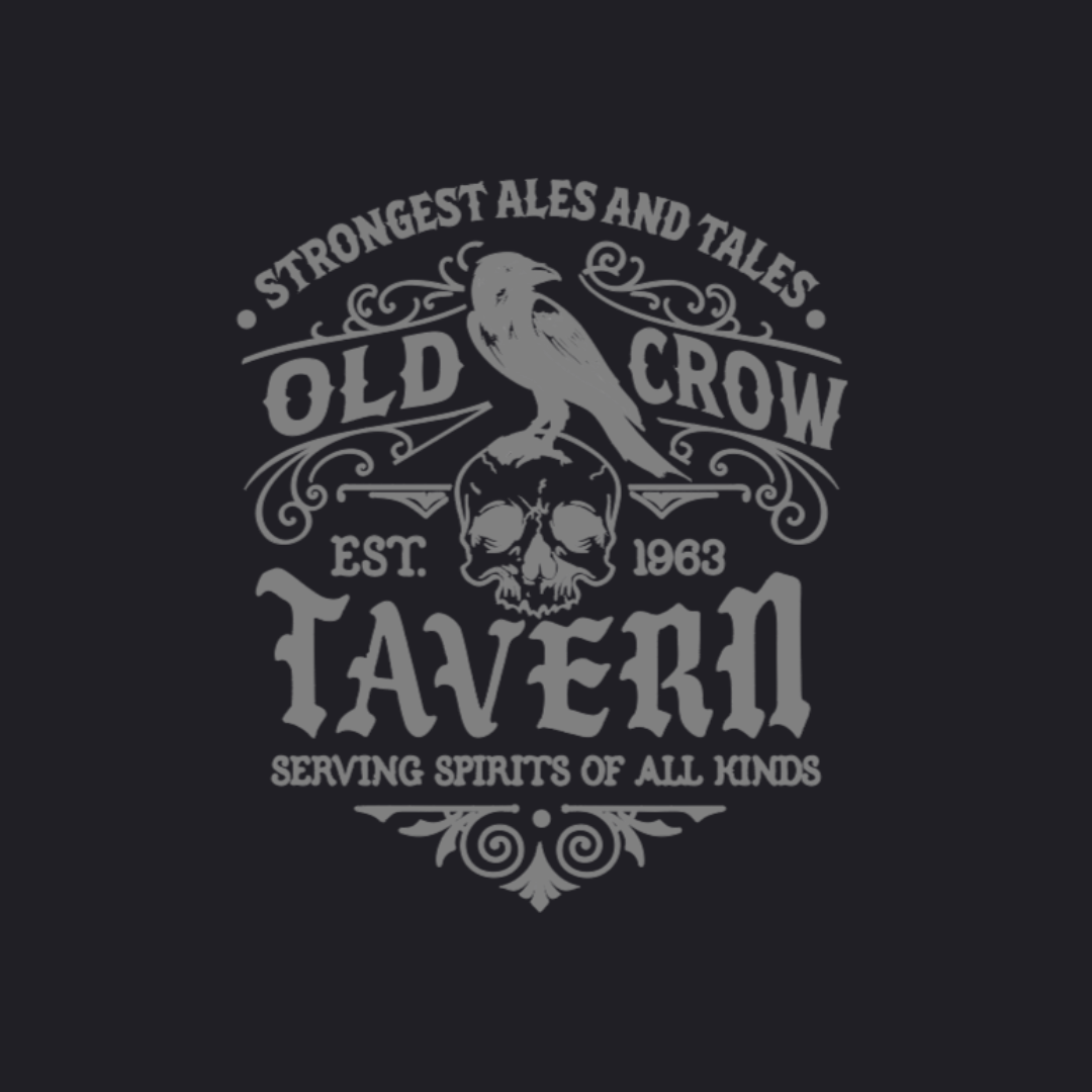 Vintage-style logo for Old Crow Tavern with a skull, strongest ales and tales, and crow on a black background