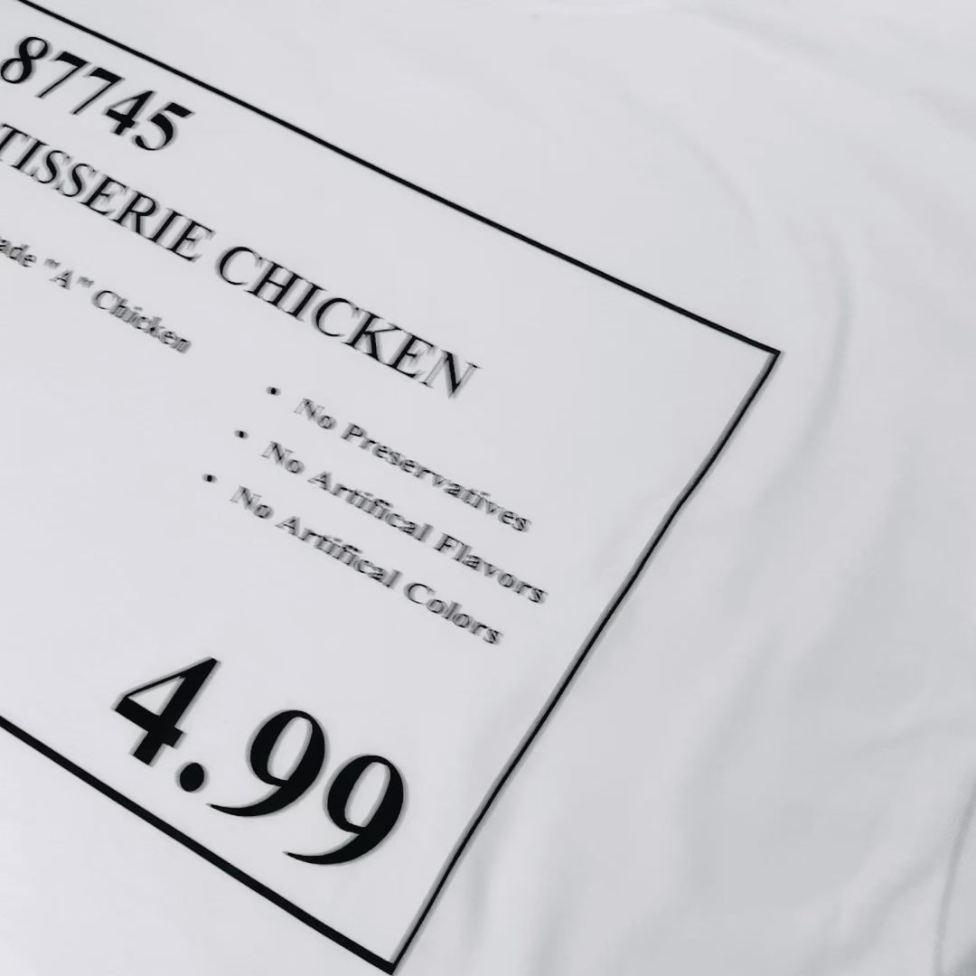 Video of a t-shirt with a Costco rotisserie chicken price tag design.