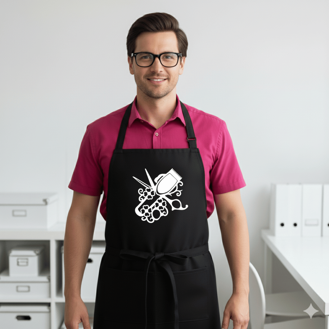 Black professional barber apron with white clippers, shears and decorative design worn by a stylist