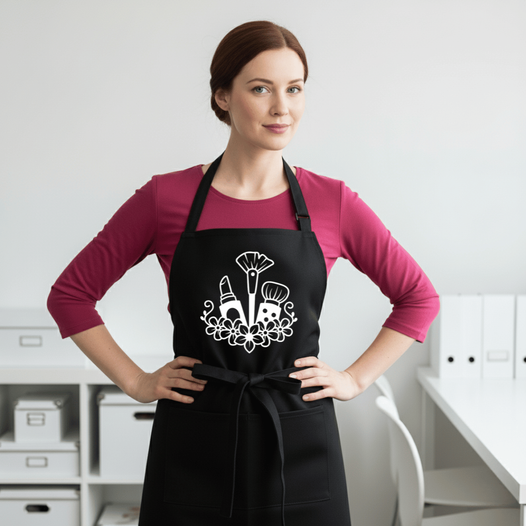 Black professional makeup artist apron with white beauty brushes, lipstick and floral design worn by beauty professional