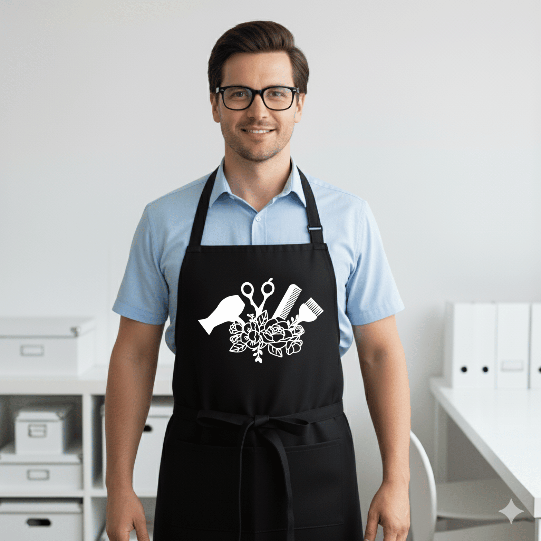 Black professional stylist apron with white floral and color tools design worn by salon professional