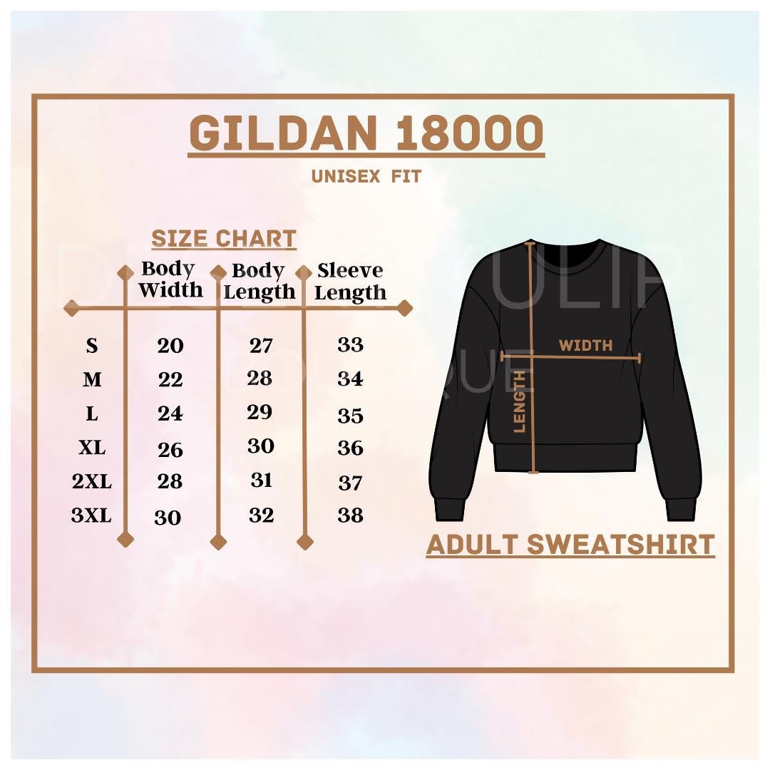 Size chart for crew neck unisex adult sweatshirt