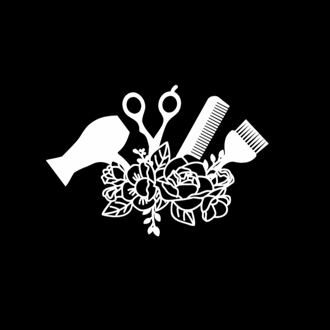 White floral design with hair dryer, shears, comb and color brush on black colorist apron