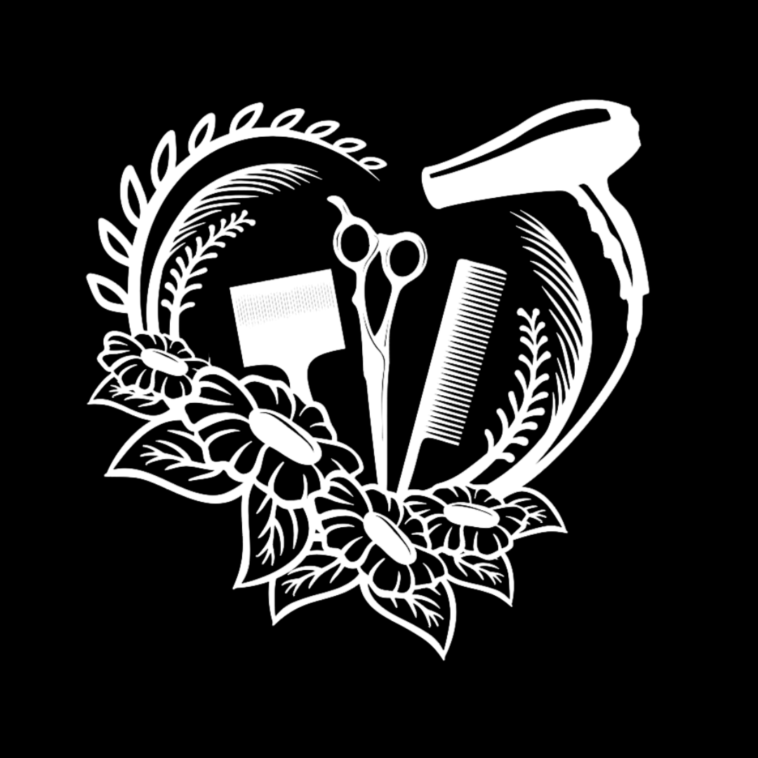 White heart-shaped design with hair dryer, shears, comb and elegant floral laurel wreath on black apron