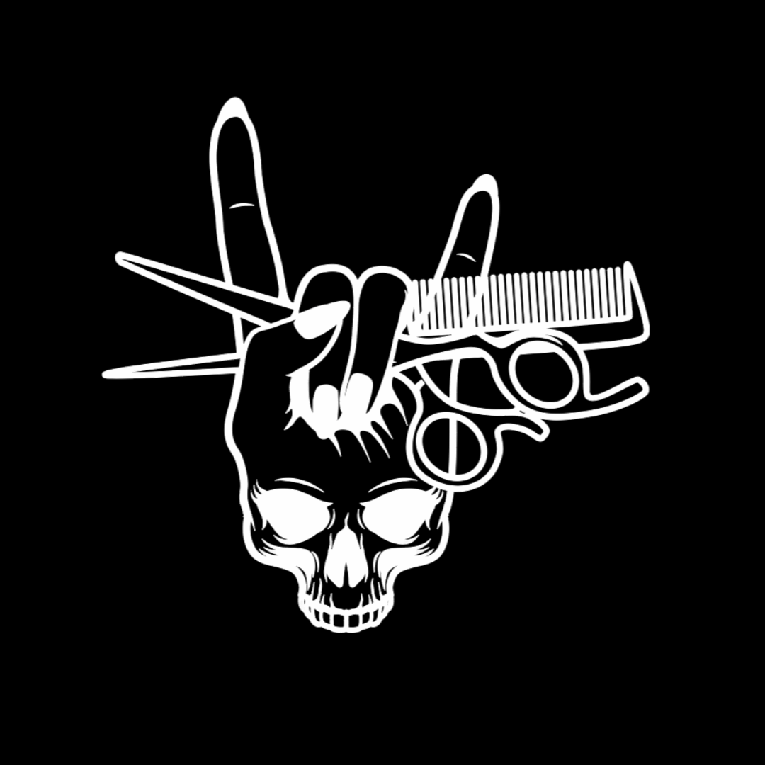 White skull with rock hand gesture featuring detailed feminine nails, shears and comb on black apron