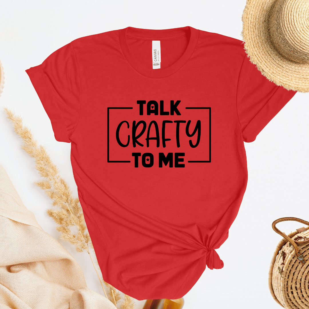 Red t-shirt with 'Talk Crafty to Me' text on a white background