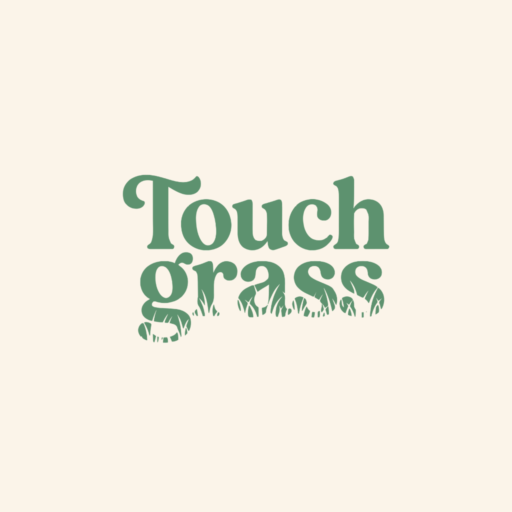 Touch Grass funny meme t-shirt with retro serif font and grass blade lettering graphic